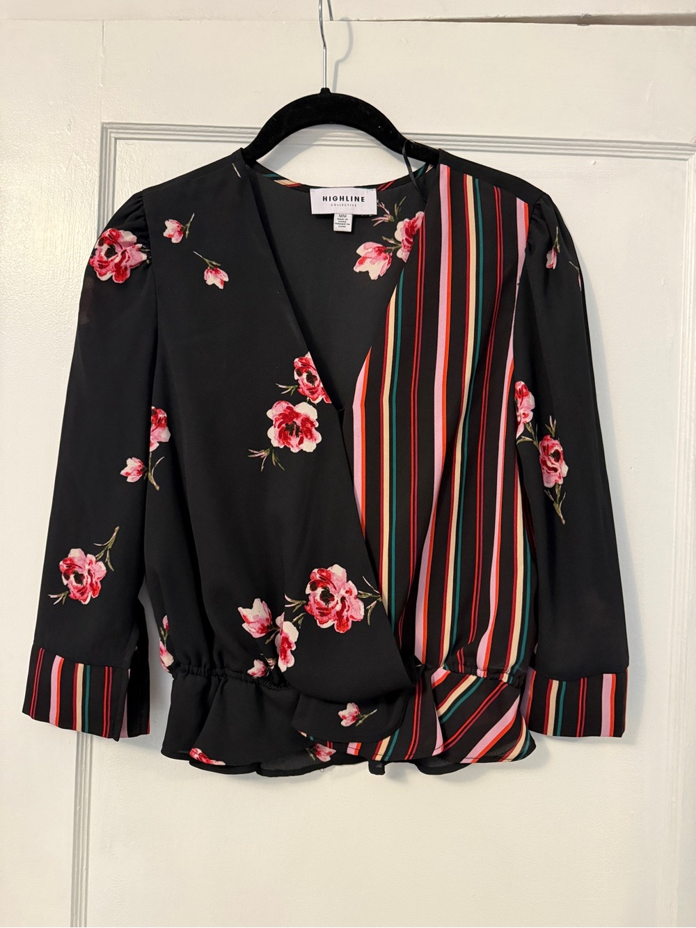 Highline Black Floral & Stripe Wrap-Front Blouse NWOT